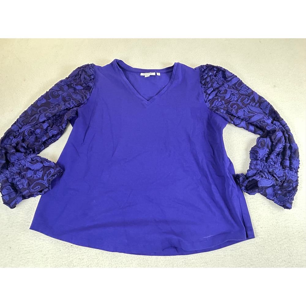 Chico's T-Shirt Women Size 1 Purple Floral Lace Statement Sleeve Boho Chic Top